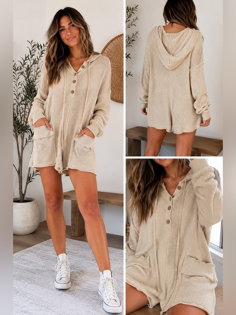 Free People Ryleigh Hailee Sweater Romper Onesie Neutral Cream NWT Women’s Large